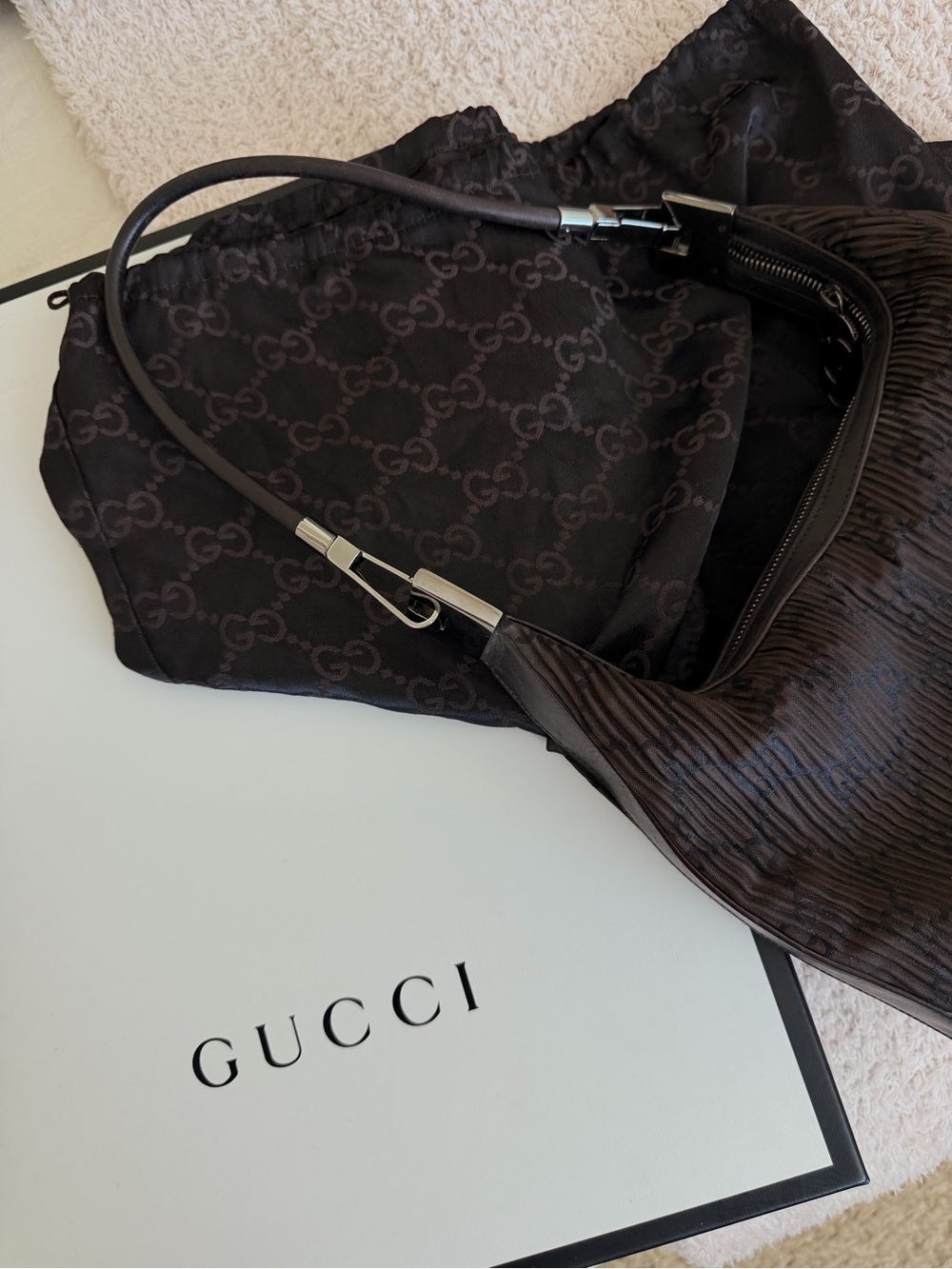 Gucci Nylon Pleated Monogram GG Clasp Hobo Brown